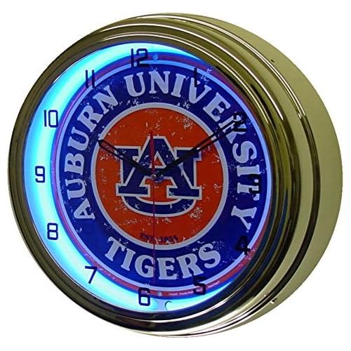 NeonClockPro Auburn University Tigers Logo Sign Neon Lighted Wall Clock Chrome Blue
