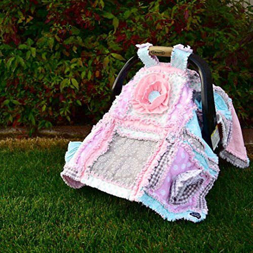  A Vision to Remember Baby Girl Car Seat Canopy with Ruffle Flowers - Mint  Gray  Pastel Pink