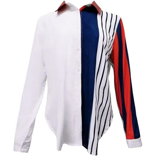  WWricotta Womens Casual Long Sleeve Color Block Stripe Button T Shirts Tops Blouse(,)