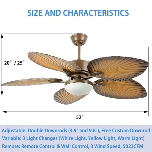  Andersonlight AndersonLight Fan Tropical Palm Ceiling Fan, Five Palm Leaf Blades With LED Light, New Bronze, 52-Inch