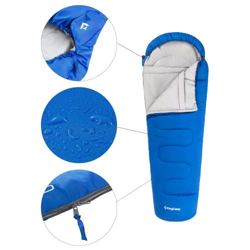  KingCamp XL Mummy Sleeping Bag with Compression Sack, -13℃/8.6℉ Double Layer Warm Lightweight for Camping, Backpacking, Hiking and Travel (Blue-Left)
