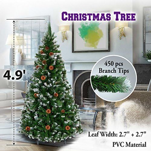  BenefitUSA Green 5 6 7 7.5 Snow Tipped Christmas Tree with pinecones Artificial Realistic Natural Branches -Unlit with Steel Stand (5 with 450 Tips and 23 pinecones)