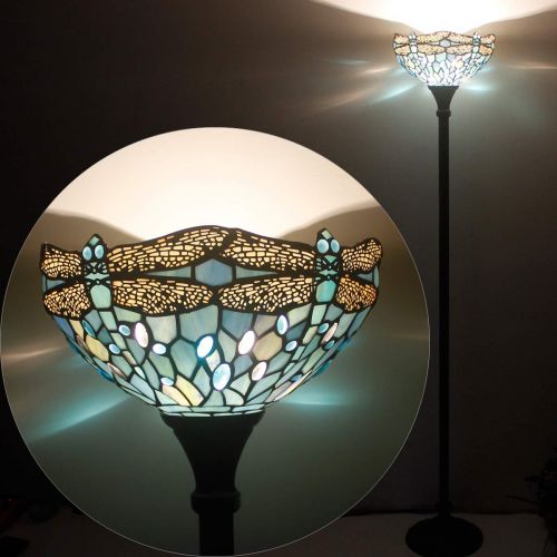  WERFACTORY Tiffany Style Torchiere Light Floor Standing Lamp Wide 12 Tall 66 Inch Sea Blue Stained Glass Crystal Bead Dragonfly Lampshade for Living Room Bedroom Antique Table Set S147 WERFAC