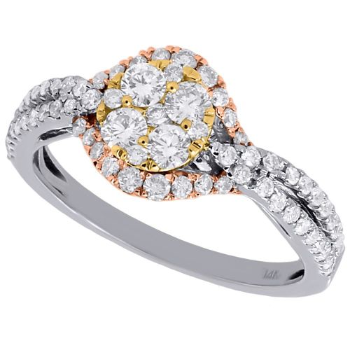  Jewelry For Less ATL 14K Tri Color Gold Round Cut Diamond Swirl Flower Style Center Engagement Ring 0.88 Cttw