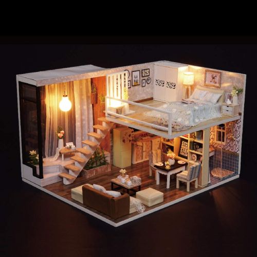  Yamix 3D Wooden Puzzle Miniature Dollhouse DIY Doll House Kit Handmade 3D Puzzles Dolls Houses with Led Lights and Furniture Best Gift for Women and Girls (Waiting for The Time)