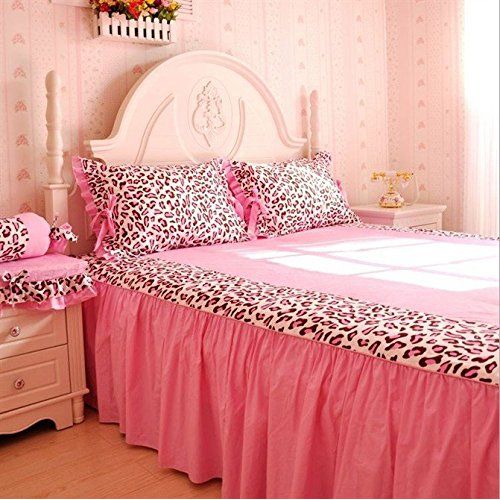  LELVA Pink Leopard Print Princess Bedding Sets, Cotton Ruffle Bedding Set, Bedding Sets Korea, Bedding for Girls, Bed Skirt Design,Twin/Full/Queen/King Size (Queen)