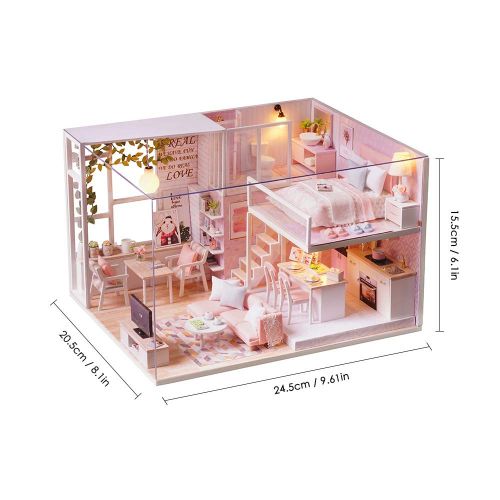 Fesjoy DIY Miniature Loft Dollhouse Kit Realistic Mini 3D Pink Wooden House Room Toy with Furniture LED Lights Christmas Childrens Day Birthday Gift