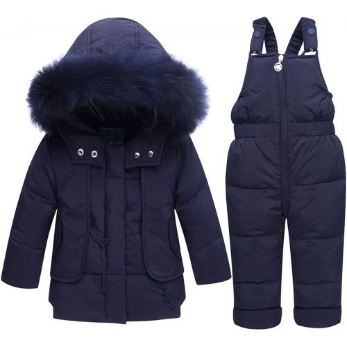  Brand: Staringirl Staringirl 2 Pcs Baby Kids Boys and Girls Winter Warm Hooded Fur Trim Snowsuit Puffer Down Jacket with Ski Bib Pants Clothes