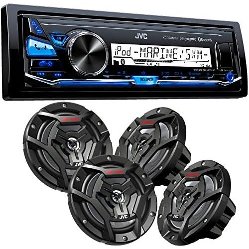  JVC KD-X33MBS Mechless Bluetooth Marine Radio and Two Pairs of JVC CS-DR6200M 6.5 Black Marine Coaxial Speakers