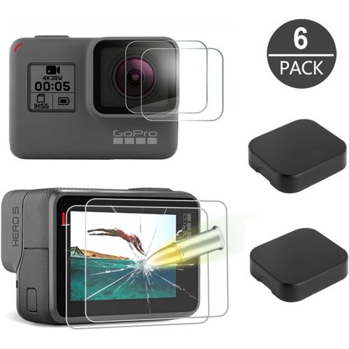  [아마존베스트]AKWOX [6 Pack] Tempered-Glass Screen Protector for GoPro Hero 7 (Black Only) / Hero 5 Black Hero 6 Black (2-Pack) & Lens Protector (2-Pack) & Lens Cap Cover (2-Pack) by Akwox