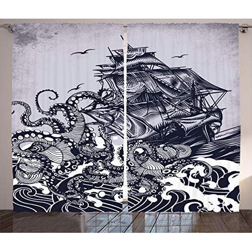  Ambesonne Nautical Curtains Decor, Sail Boat Waves and Octopus Ship with Kraken Home Textiles Hand Drawing Effect Design, Living Room Bedroom Window Drapes 2 Panel Set, 108 W X 84