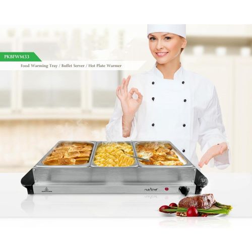  NutriChef 3 Tray Buffet Server & Hot Plate Food Warmer | Tabletop Electric Food Warming Tray | Easy Clean Stainless Steel | Portable & Great for Parties & Events | Max Temp 175F |