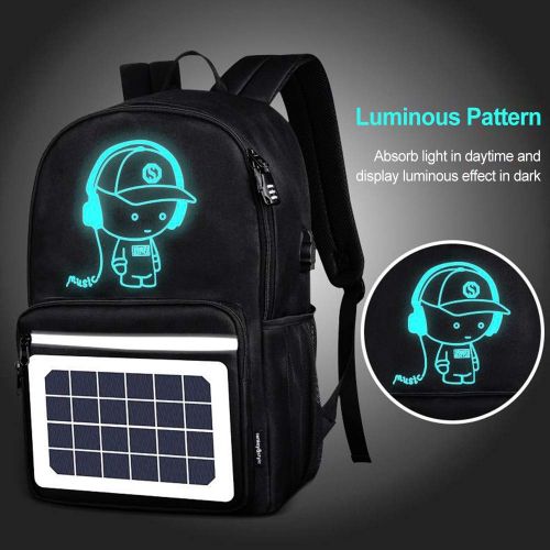  WIKISH Solar Luminous Backpack with Detachable Solar Panel & USB Charging Port & Power Bank & Anti-Theft Lock, Waterproof Anime Black School Bag Daypack Travel Laptop Bag 15.6 in Boys Gir