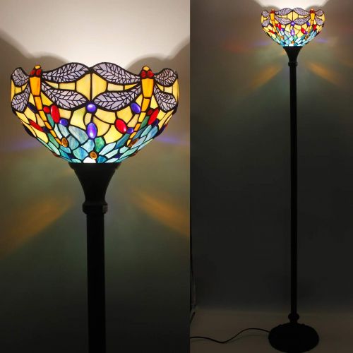  WERFACTORY Tiffany Style Torchiere Light Floor Standing Lamp Wide 12 Tall 66 Inch Orange Blue Stained Glass Crystal Bead Dragonfly Lampshade for Living Room Bedroom Antique Table Set S168 WER