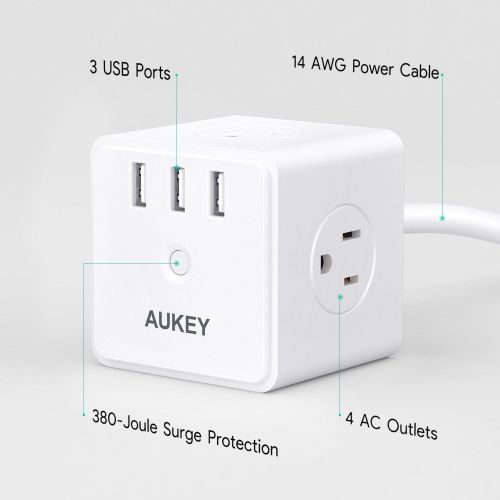  [아마존 핫딜] [아마존핫딜]AUKEY Power Strip with 4 AC Outlets, 3 USB Charging Ports, 380-Joule Surge Protection, and 1875W Total Power for Smartphones, Tablets, Home Appliances, and More
