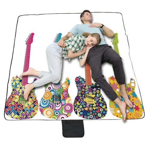  TecBillion Popstar Party Stylish Picnic Blanket,Set of Electric Guitars with Colorful Flowers Stars Circles Abstract Patterns Mat for Picnics Beaches Camping,50 L x 78 W