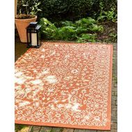 Unique Loom Outdoor Collection Traditional Floral Border Indoor and Outdoor Transitional Terracotta Area Rug (4 x 6)