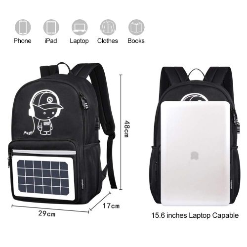  WIKISH Solar Luminous Backpack with Detachable Solar Panel & USB Charging Port & Power Bank & Anti-Theft Lock, Waterproof Anime Black School Bag Daypack Travel Laptop Bag 15.6 in Boys Gir