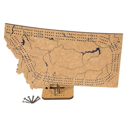  Benna Designs Montana 3 Track Cribbage Board Game Set with Engraved Topography, Rustic Nail Pegs and Stand / Counter