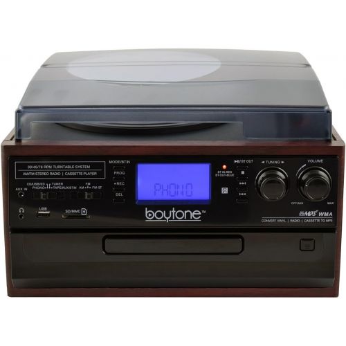 보이톤 Boytone BT-22C, Bluetooth Record Player Turntable, AMFM Radio, Cassette, CD Player, 2 built in speaker, Ability to convert Vinyl, Radio, Cassette, CD to MP3 without a computer, SD