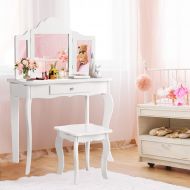 Costzon Kids Wooden Vanity Table & Stool Set, 2 in 1 Detachable Design with Dressing Dable and Writing Desk, Princess Makeup Dressing Table with Two 180° Folding Mirror, for Girls,