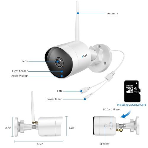  A-ZONE Outdoor Security Camera - HD 1080P Bullet Camera 2.4G Wireless IP66 Waterproof 50ft Night Vision Home Surveillance IP Camera Two-Way Audio, Motion Detection AlarmRecording, Includ