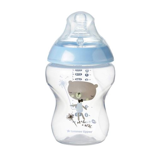토미티피 Tommee Tippee Closer to Nature Baby Bottle Decorated Blue, Anti-Colic Valve, Breast-like Nipple for Natural Latch, Slow Flow, BPA-Free - 0+ months, 9 Ounce, 3 Count (Design May Var