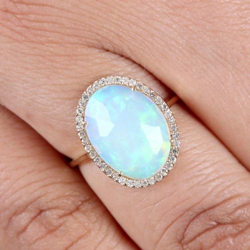  AnjisTouch Natural 2.96 Ct Opal Gemstone Cocktail Ring Solid 14k Yellow Gold Diamond Pave Unique Wedding Fine Jewelry Special Gift