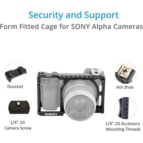  FILMCITY Professional DSLM CNC Aluminum Camera Cage for Sony Alpha A6000 A6300 ILCE-6000 6300 NEX-7 with Lens Support Carry Handle + Tripod Compatible (FC-A6360-CSH)