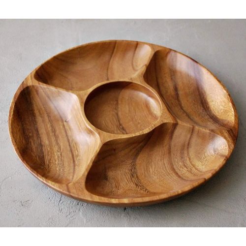  Living Plus Diameter 12 Premium Acacia Wooden 5-Compartment Divided Round Wood Plate Divided Dessert Serving Trays Platters 5 Section