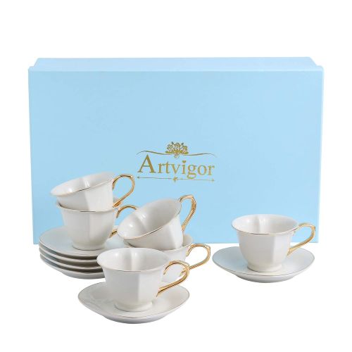  Artvigor ARTVIGOR Porzellan Kaffeeservice in Geschenkverpackung, 12-teilig Set Kaffeetassen mit Untertassen, Weiss Teeservice