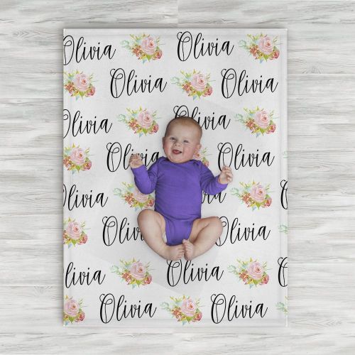  The Navy Knot Personalized Baby Name Blanket - Floral - Frame - 30 X 40 - Plush Fleece Swaddle - Baby Girl Bedding -...