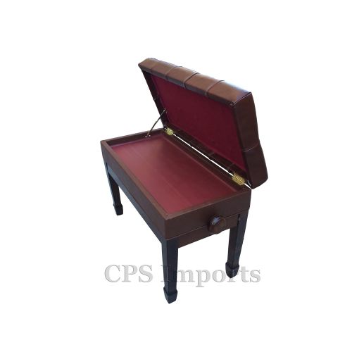  CPS Imports Adjustable Duet Size Genuine Leather Artist Piano Bench Stool in Walnut with Music Storage