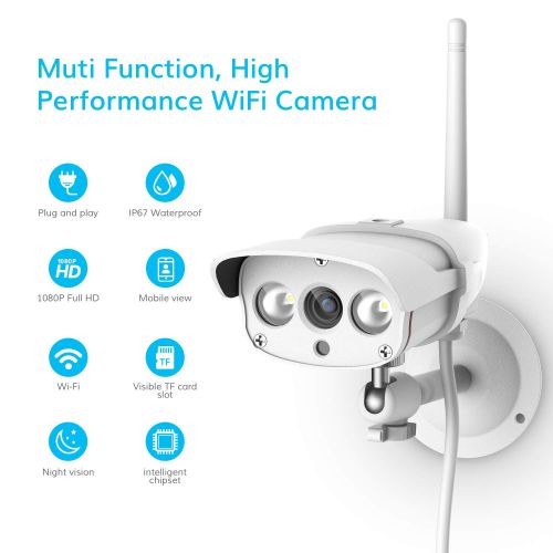  WONBO Outdoor Security Camera, Wonbo FHD 1080P Wireless IP Camera 2.4G WIFI Camera with IP67 Waterproof IR Night Vision Motion Detection Home Security Surveillance Camera System, iOS/And