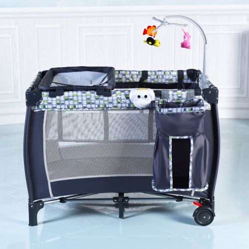  Costzon Baby Playard, 3 in 1 Convertible Playpen with Bassinet, Changing Table, Foldable Bassinet Bed with Music Box, Whirling Toys, Wheels & Brake, Large Capacity Basket, Oxford C