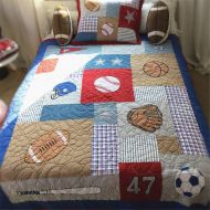 Abreeze 100% Cotton Plaid Striped Quilt Football Comforter Childrens Bedspread Set for Boys Girls Baseball Bedspreads Kids Bedding, Twin Size