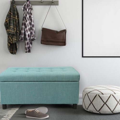  Adeco Fabric Sturdy Design Rectangular Tufted Lift Top Storage Ottoman Bench Footstool with Solid Wood Legs