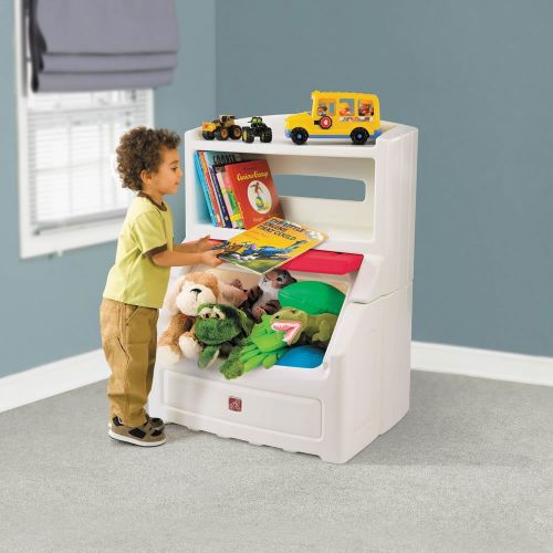 스텝2 Step2 Lift and Hide Bookcase Storage Chest for Kids - Durable Plastic Toy Box Bookshelf Organizer, WhiteRed