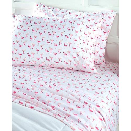  Elite Home Products Microfiber 90 GSM Whimsical Printed Deep-Pocketed Sheet Set, Twin, Pink Flamingo