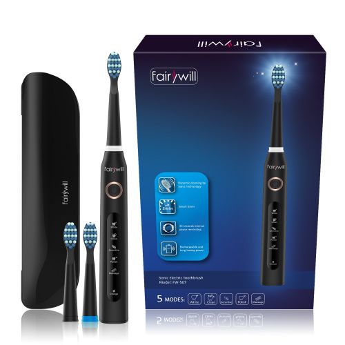  Fairywill Travel Electric Toothbrush Clean as Dentist Rechargeable Sonic Toothbrush with Timer 5 Optional Modes Waterproof Crystal Black, Travel Case Included Travel Friendly
