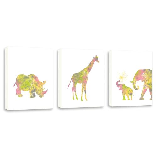  Kularoux Nursery Art Decor, Rhino Art, Giraffe Painting, Baby Elephant Art, Watercolor Art, Set of Three Limited Edition Gallery Wrapped Canvases