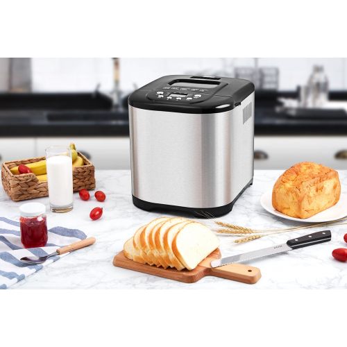  AICOK Bread Maker, Aicok 2 Pound Programmable Bread machine with Gluten Free Setting, Stainless Steel Bread Maker Machine with 15 Hours Delay Time, 3 Loaf Sizes, 3 Crust Colors and 1 Hou