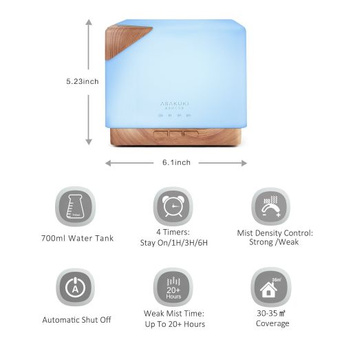  ASAKUKI 700ml Premium, Essential Oil Diffuser, 5 in 1 Ultrasonic Aromatherapy Fragrant Oil Vaporizer Humidifier, Timer and Auto-Off Safety Switch, 7 LED Light Colors