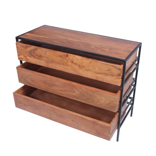  The Urban Port UPT-183800 Spacious Three Drawer Acacia Wood Chest with Iron Framework, Brown and Black