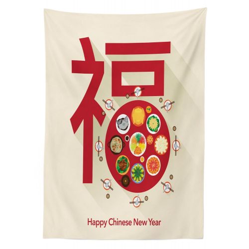  Festive Ambesonne Chinese New Year Outdoor Tablecloth, Lunar Dinner Table Full of Traditional Food for The Family Reunion, Decorative Washable Picnic Table Cloth, 58 X 120, Multicolor