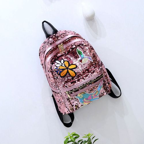  Candice Women Shiny Sequins PU Leather Shoulder Bag Satchel Backpack School Bag(Pink)