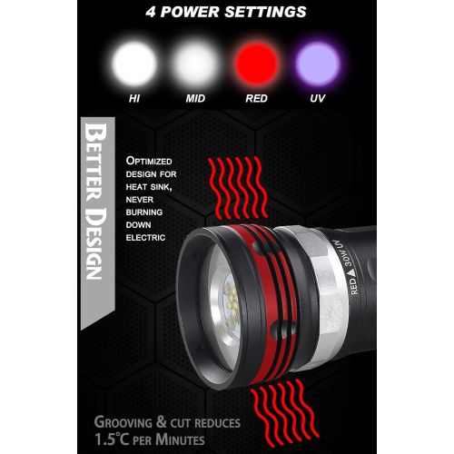  Ano V30WSUV Diving Video Light with White Red UV Color 3600 Lumens Diving Photo Light with Samsung Battery Pack and Charger Waterproof Underwater Professional Video Light