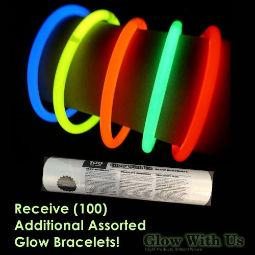  Glow With Us Glow Sticks Bulk Wholesale, 100 4” Red Glow Stick Light Sticks+100 FREE Glow Bracelets! Bright Color, Kids love them! Glow 8-12 Hrs, 2-year Shelf Life, Sturdy Packagin