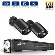 4CH POE NVR Security Camera System with 2X 1080P HD Security Camera, Plug and Play Security System Built-in 1TB Hard Drive, Free APP and Night Vision by ANRAN(Can Add More Cameras,