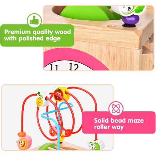  Amagoing 6-in-1 Activity Cube Multifunction Bead Maze Roller Coaster Classic Wooden Educational Toys for Kids